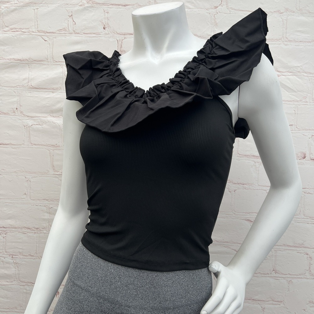 Cozyease Women off Shoulder ruffle Trim Tee Solid Flounce Sleeve Bodycon T-shirt